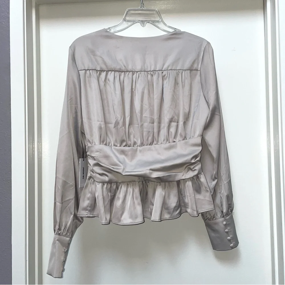 Jason Wu Satin Peplum Blouse M NWT | Puff Sleeve | Champagne Taupe Top Medium
